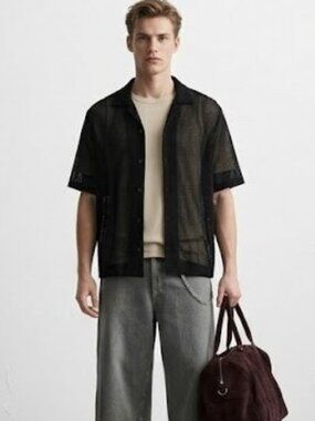 ZARA Open Weave Fabric Men's Short Sleeve Shirt Organic Cotton Black Size S NWT